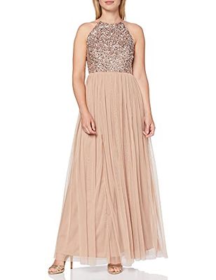 Maya Deluxe Maxi-jurk voor dames, bruidsmeisje, halterjurk, pailletten, versierd, eindexamenfeest, bruiloft, Taupe Blush, 34