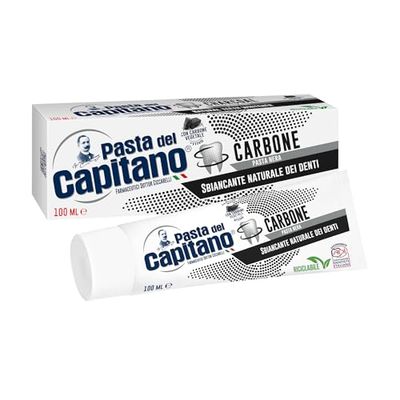 Pasta del Capitano, Dentifricio Carbone Vegetale Attivo Bio, Sbiancante Naturale dei Denti in Pasta Nera, Efficace contro le Sostanze che Macchiano lo Smalto, 100% Made in Italy, Tubetto da 100 ml