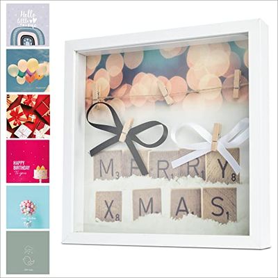 ILP 3D Shadow Box Frame to Fill - Memories Photo Frame with Clips and Cord - Photo Frame for Gifting Money, Displaying Photos, 3D Box Frames for DYI Gifts with 7 Background Motifs incl. Accessories