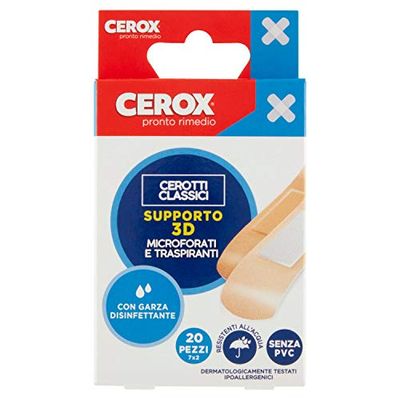 CEROX Pronto Rimedio, Linea di Cerotti Medi Microperforati e Traspiranti - Garza Disinfettante, Color Pelle, Confezione da 20 Pezzi singolarmente confezionati - Dispositivo medico senza PVC