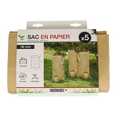 Greengers - Tuinafvalzakken - Set van 5 groene afvalzakken van composteerbaar papier 100L, tuinafvalzak 100L, tuinzak 100L - 5 zakken - afbreekbare biologische zakken - ø45 x H80cm