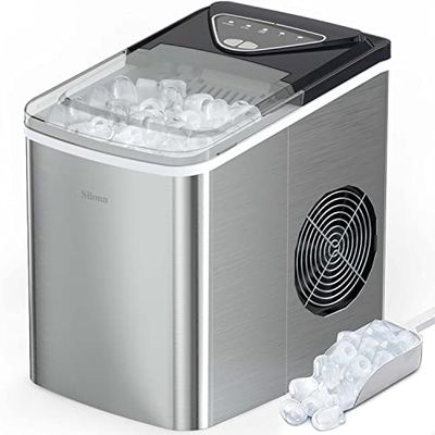 Silonn Ice Makers Countertop, 9 Cubes Ready in 6 Mins, 12KG in 24Hrs, Self-Cleaning Ice Machine with Ice Scoop and Basket, 2 Sizes of Bullet Ice for Home Kitchen Office Bar Party