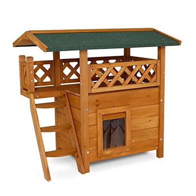 lionto Maison pour Chats avec terrasse et escalier, Lodge extérieur en Bois Robuste offrant Une Protection Contre Les intempéries, 77x50x73 cm, lamelles en PVC protégeant du Vent, Marron