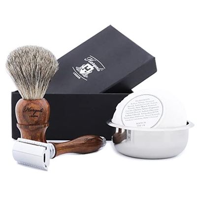 Shaving Set, 4pcs Super Badger Hair Shaving Brush Natural Wooden Handle with 2Layers Shaving Soap Bowl and Double-Edge Safety Razor with Soap for Men Wet Shaving Stater by Haryali London