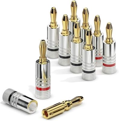 ETEC Fiches banane, adaptées aux câbles d'enceintes jusqu'à 6 mm² de section, fiches droites avec codage couleur (4x rouge, 4x noir), jeu de 8, plaquées or 24 carats