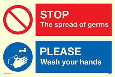 Viking Signs Señal de vinilo fotoluminiscente con texto en inglés "Stop gérmenes, please wash your hands"