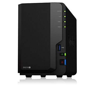 Synology DS218+ 2-Bay 2.0GHz DC 1GBE 2GB DDR3L 3x USB 3.0 1x eSATA Black Metal Rack Mount, Wall Mount Hard Drive Compatible