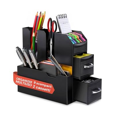 Avilia Organizador de escritorio con 9 compartimentos y 2 cajones – Almacenamiento multiusos para oficina y casa – Caja para bolígrafos, accesorios, documentos – Diseño elegante y ahorra espacio
