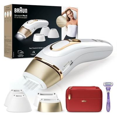 Braun IPL Silk-Expert Pro 5, At Home Hair Removal Device, Permanent Visible Hair Removal With Pouch, 1 Wide & 2 Precision Heads & Venus Razor, Alternative For Laser Hair Removal, PL5387, White/Gold