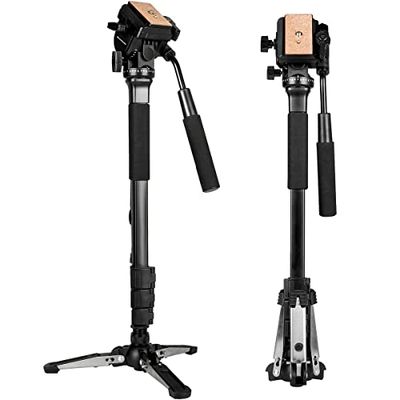 Monopiede estensibile in alluminio per fotocamera con testa fluida e base treppiede pieghevole per fotocamera DSLR. Altezza massima 148 cm. Carico utile fino a 3 kg.