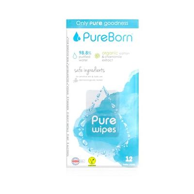 PureBorn Pure Wipes, vochtige doekjes voor baby's met organisch kamille-extract, 12 doekjes, voor gevoelige babyhuid, dermatologisch getest, biologisch afbreekbaar
