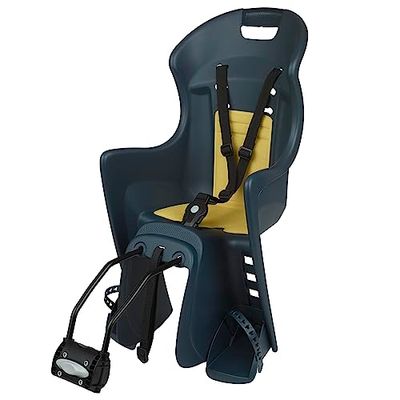DIEFFE 8630400090 - Seggiolino Posteriore Bikey Cool FM per Bicicletta con Ruote da 26'' a 29'' Adatto a bambini da 9 a 22 Kg con Ancoraggio al Telaio a colori Blu Denin/Giallo