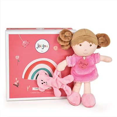 Jolijou - Ma Première Poupée - Mlle Rose - Boite Cadeau - 21 Cm - Avec Doudou Ourson - Bouclettes Châtain à Manipuler - Idée Cadeau de Naissance Fille - JJ6006