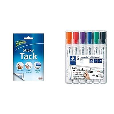 Sellotape Sticky Tack for Home & Office (1x45g) including STAEDLER Bullet Tip Whiteboard Marker (Pack of 6)