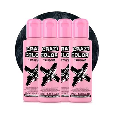 Crazy Color Black Semi-Permanent 4 Pack Quad Hair Dye. Highly Pigmented Blue Black Conditioning & Oil Nourishing Vegan Formula No Bleach or Ammonia 400ml