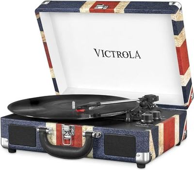 Victrola Journey Portable Record Player – Suitcase 5.0 Bluetooth turntable with 3-Speeds, Built-in Stereo Speakers, 3.5mm Aux-in Jack, UK Flag (VSC-550BT)