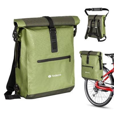 Todeco Borsa da bicicletta per portapacchi 3 in 1 (20L), 100% impermeabile e riflettente con tasca per laptop rimovibile, Borsa a Tracolla per Bicicletta， Verde oliva