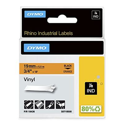 DYMO Rhino Industrial Vinyl Labels | 19 mm x 5.5 m | Black Print on Orange | Self-Adhesive | for Rhino & LabelManager Label Makers
