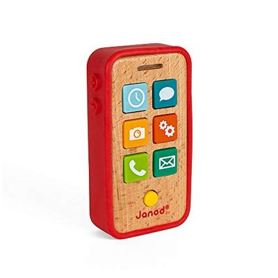 Janod - Teléfono Infantil Sonoro de Madera - Juguete de Imitación - Desde 18 Meses, J05334