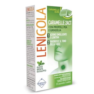 Lenigola Caramelle Dure Menta-Eucalipto, Azione Emolliente e Lenitiva con Propoli, PEA e Grindelia, Caramelle Mal di Gola Forte Senza Zuccheri Aggiunti, Gusto Fresco Senza Zuccheri Aggiunti