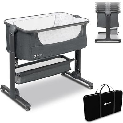 LIONELO Timon rese- och resesäng, säng för bebisar från födseln, upp till 9 kg, madrass, hopfällbar sidopanel, höjdjustering i 6 nivåer, bärväska, universell design