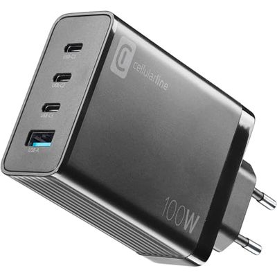 Cellularline - NANO GAN 100W - Caricabatterie da Rete Con 4 Porte - Tecnologia Gan - Ideale per Smartphone, Tablet e USB-C Laptop