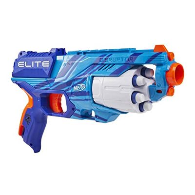 NERF Elite Disruptor Blaster, 6-dart rotationstrumma, 6 NERF Elite Darts, snabb eld, reflexblå, Amazon Exclusive