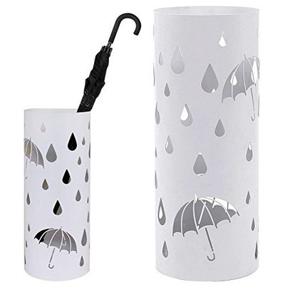 Bakaji Porte-parapluies design en fer forme ronde couleur blanc avec trous décoratifs en forme de parapluies et de gouttes bac anti-égouttement et crochets pour suspendre les parapluies pliants