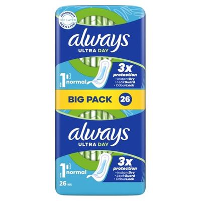 Always Ultra Day Sanitary Towels Normal (Size 1) 26 Pads, Super Absorbent and Ultra Thin, for Menstrual Periods
