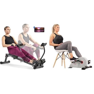 Sunny Health & Fitness Magnetic Under Desk Pedal Exerciser, Dual Function Mini Exercise Cycle Bike + Smart Compact Adjustable Rowing Machine, 12 Levels Adjustable Resistance, Complete Body Workout