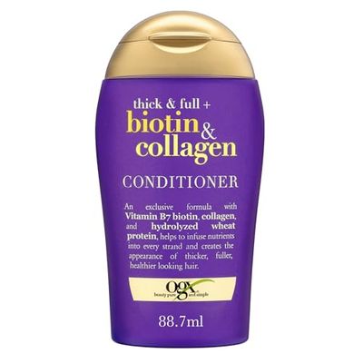 OGX Thick & Full + Biotin & Collagen Balsamo da viaggio volumizzante capelli con Biotina e Collagene, Trattamento capelli fini in pratico formato travel size per viaggi e vacanze da 88.7 ml