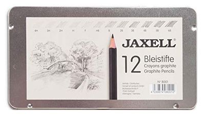 Honsell 8001 - Jaxell potloodset, 12 potloden in metalen etui, hardheid van 4H - 6B, zwart gelakt, niet giftig, zeskantvorm