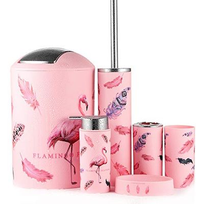 JOTOM Modern design 6-delad badrumstillbehör i plast lyxiga badtillbehör badset lotionflaskor, tandborsthållare, tandmugg, tvålfat, toalettborste, gummi (flamingo)