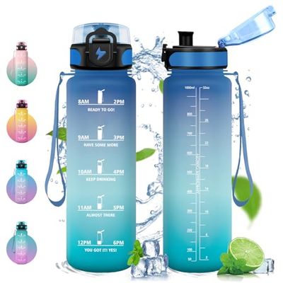 Vikastar VK-TY-SDZYG-1000ML-JB-Blue-Green, 500ml/1000ml/1500ml Borraccia con Cannuccia, Senza BPA Unisex-Youth, Blu-Verde, 1000 ml
