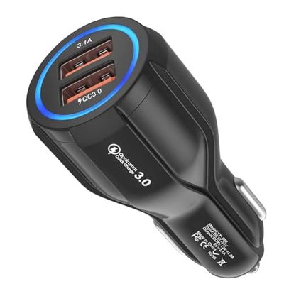 Hoppac Caricatore Auto USB,2 Porte Caricabatteria Da Auto,Quick Charge 3.0 Caricatore Accendisigari USB Compatibile Con iphone, ipad Samsung Galaxy S10/S9/S8,Huawei, Xiaomi, Nero