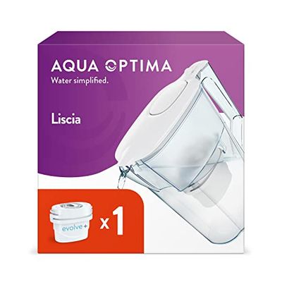 Aqua Optima Liscia Jarra de Filtro de Agua y 1 Cartuchos de Filtro de Agua Evolve+ de 30 Días, Capacidad de 2,5 litros, Para la Reducción de Microplásticos, Cloro, Cal e Impurezas, Blanco
