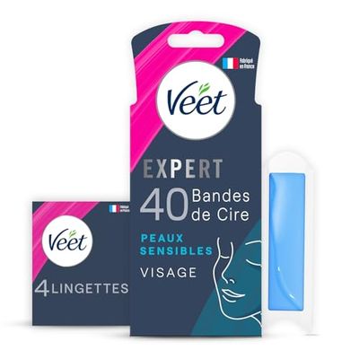 Veet Expert - 40 strisce di cera fredda per il viso, pelli sensibili, finitura perfetta, depilazione a lunga durata