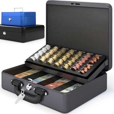 ACROPAQ Caja de efectivo Premium - Con cerradura, Caja dinero Grande, 30 x 25 x 9 cm, Contador de monedas, Estuche más grueso, Asa de transporte robusta - Caja Caudales, Caja fuerte - Gris