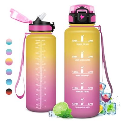 Motiverende drinkfles, 1,5 liter, sportfles met rietje, lekvrij, sportfles met tijdsweergave, 1 klik om te openen, BPA-vrij, voor volwassenen, hardlopen, kantoor, gym