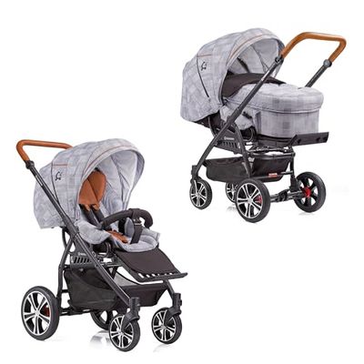 Gesslein F4 Classic Kombibarnvagn 3-i-1 med bärväska C2 & sportstol, 96 cm liggyta, fotsäcksfunktion, babyskålsadapter, kompakt vikbar, svart rutig