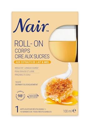 NAIR - Roll-On Cire au Sucre, aux extraits de Lait & Miel, spéciale Peaux Sèches & Sensibles, avec 10 Bandes Réutilisables Rinçables à l'Eau, Roll-On de 100ml