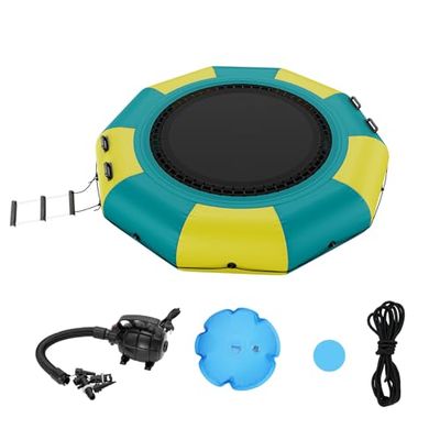 VEVOR Trampoline Aquatique Gonflable, Trampoline sur l’Eau 310x60 cm, Plate-Forme de Natation Portable avec Échelle et Pompe à Air Électrique, Rebondisseur Flottant pour Enfants, Piscine, Jaune Vert