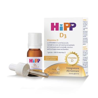 HiPP- HiPP D3, Vitamina D3, Integratore Alimentare, Bambini, in Gocce, Flacone 5 ml, con Pratica Pipetta Contagocce, Senza Glutine
