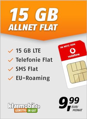 klarmobil Allnet Flat 15 GB – mobiltelefonavtal för Vodafone-nätverket med platt internet, platt telefoni och SMS och EU-roaming – I alla tyska nätverk – 24 månaders avtalstid