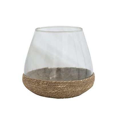 Bloomingville Glass Tealight Holder with Woven Base, Clear and Natural Vase
