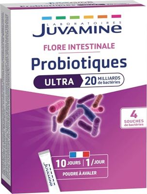 JUVAMINE - Probiotiques Ultra 20 milliards - 10 sticks - Flore Intestinale - Microbiote Intestinal - Programme de 10 jours - Poudre orodispersible - Fabriqué en France