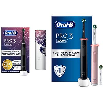 Oral-B Pro 3 3500 cepillo de dientes eléctrico negro, 1 estuche de viaje, 1 cepillo & Pro 3 3900N Cepillos de Dientes Eléctricos (Pack de 2) - Negro y Rosa, Regalos Originales