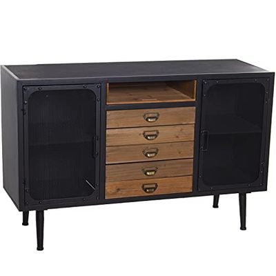 DRW Dressoir met 2 deuren roosters en 5 laden van metaal en MDF-hout in zwart en naturel, 124 x 40 x 70 cm