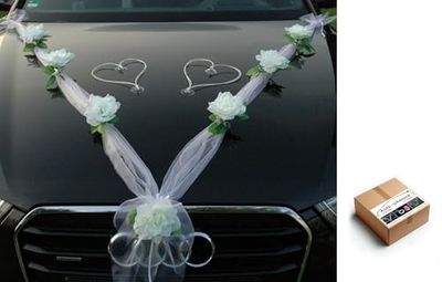Organza M + coeurs, rubans en organza pour décoration de voiture, coeurs en rotin, pour les mariés, mariage (blanc/blanc/blanc)