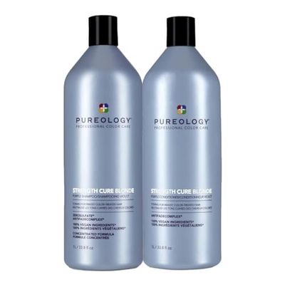 Pureology Strength Cure Blonde Purple Shampoo & Conditioner Duo Set, Restore & Tone for Brassy Blonde Hair, Vegan Formulas, Sulphate Free for a Gentle Cleanse 1000ml